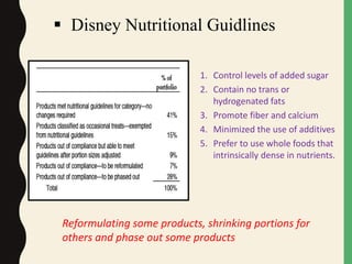  Disney Nutritional Guidlines
1. Control levels of added sugar
2. Contain no trans or
hydrogenated fats
3. Promote fiber and calcium
4. Minimized the use of additives
5. Prefer to use whole foods that
intrinsically dense in nutrients.
Reformulating some products, shrinking portions for
others and phase out some products
 