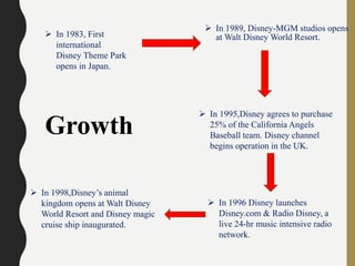  In 1983, First
international
Disney Theme Park
opens in Japan.
 In 1989, Disney-MGM studios opens
at Walt Disney World Resort.
 In 1995,Disney agrees to purchase
25% of the California Angels
Baseball team. Disney channel
begins operation in the UK.
 In 1996 Disney launches
Disney.com & Radio Disney, a
live 24-hr music intensive radio
network.
 In 1998,Disney’s animal
kingdom opens at Walt Disney
World Resort and Disney magic
cruise ship inaugurated.
Growth
 