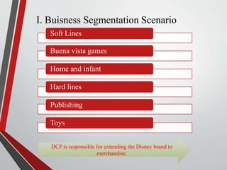 I. Buisness Segmentation Scenario
Soft Lines
Buena vista games
Home and infant
Hard lines
Publishing
Toys
DCP is responsible for extending the Disney brand to
merchandise.
 