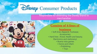 Responsible for extending the Disney brand to
merchandise.
Consists of 6 lines of
business
• Soft lines (Apparel, Footwear,
Accessories)
• Hard lines (Food, Health and beauty,
Electronics and stationery)
• Buena vista games
• Home and infant
• Publishing
• Toys
 