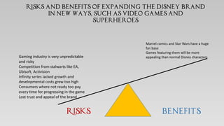 Risks and Benefits of expanding the Disney brand
in new ways, such as video games and
superheroes
Marvel comics and Star Wars have a huge
fan base
Games featuring them will be more
appealing than normal Disney charactersGaming industry is very unpredictable
and risky
Competition from stalwarts like EA,
Ubisoft, Activision
Infinity series lacked growth and
developmental costs grew too high
Consumers where not ready too pay
every time for progressing in the game
Lost trust and appeal of the brand
RISKS BENEFITS
 