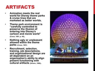 • Animation meets the real
world for Disney theme parks
& cruise lines that are
marketed as better worlds.
• Theme park environment is
“carefully controlled to
preserve the illusion of
entering into Disney’s
cartoon and movie world”
(Croce, 1991, p. 95).
• Nothing ugly or unpleasant
allowed within the theme
parks (Croce, 1991)
• Recruitment, selection,
training, job descriptions,
and organizational design are
all dependent on an
organization’s ability to align
present functioning with
cultural artifacts (Schein, 1990).
ARTIFACTS
 