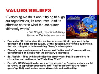 VALUES/BELIEFS
• Deslandes (2011) theorizes that audiences are a critical component in the
definition of a mass media culture. By this rationale, the viewing audience is
the controlling force in determining Disney’s value system.
• Disney’s espoused values and ideals about “better worlds” are sometimes
compromised or at odds with the company’s intentions
• Ex. Aladdin – filled with Middle Eastern stereotypes, but also promised its
characters and audiences “A Whole New World”
• Everett’s (1990) functionalist perspective argues that Disney’s culture would
be rooted in capitalistic processes and “mechanisms to capture certain
goals” (p. 238), such as increased viewership and profitability.
“Everything we do is about trying to align
our organization, its resources, and its
efforts to cater to what the consumer
ultimately wants”
- Bob Chapek, president of Disney
Consumer Products (Lisanti, 2012, p. 50).
 