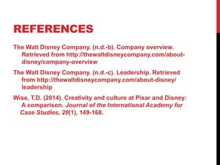 REFERENCES
The Walt Disney Company. (n.d.-b). Company overview.
Retrieved from http://thewaltdisneycompany.com/about-
disney/company-overview
The Walt Disney Company. (n.d.-c). Leadership. Retrieved
from http://thewaltdisneycompany.com/about-disney/
leadership
Wise, T.D. (2014). Creativity and culture at Pixar and Disney:
A comparison. Journal of the International Academy for
Case Studies, 20(1), 149-168.
 