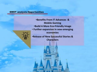 •Benefits From IT Advances &
Mobile Gaming
•Build A More Eco-Friendly Image
• Further expansion in new emerging
economies
•Release of New Successful Stories &
Characters
SWOT analysis-Opportunities
 