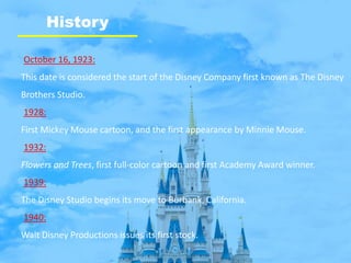 History
October 16, 1923:
This date is considered the start of the Disney Company first known as The Disney
Brothers Studio.
1928:
First Mickey Mouse cartoon, and the first appearance by Minnie Mouse.
1932:
Flowers and Trees, first full-color cartoon and first Academy Award winner.
1939:
The Disney Studio begins its move to Burbank, California.
1940:
Walt Disney Productions issues its first stock.
 