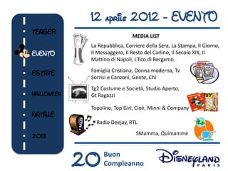 12 aprile 2012 - EVENTO
TEASER
                               MEDIA LIST
             La Repubblica, Corriere della Sera, La Stampa, Il Giorno,
EVENTO       Il Messaggero, Il Resto del Carlino, Il Secolo XIX, Il
             Mattino di Napoli, L’Eco di Bergamo
             Famiglia Cristiana, Donna moderna, Tv
ESTATE
             Sorrisi e Canzoni, Gente, Chi
             Tg2 Costume e Società, Studio Aperto,
HALLOWEEN    Gt Ragazzi

             Topolino, Top Girl, Cioè, Minni & Company
NATALE
               Radio Deejay, RTL
                                SMamma, Quimamme
2013



            20    Buon
                  Compleanno
 