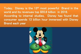 Today, Disney is the 13th most powerful Brand in the
world and its revenues top $55.6 billion in 2016.
According to internal studies, Disney has found that
consumer spends 13 billion hour immersed with Disney
Brand each year
 