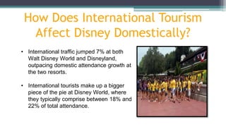 How Does International Tourism
Affect Disney Domestically?
• International traffic jumped 7% at both
Walt Disney World and Disneyland,
outpacing domestic attendance growth at
the two resorts.
• International tourists make up a bigger
piece of the pie at Disney World, where
they typically comprise between 18% and
22% of total attendance.
 