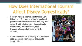 How Does International Tourism
Affect Disney Domestically?
• Foreign visitors spent an estimated $87.1
billion on U.S. travel and tourism-related
goods and services between January and
June. That includes spending on hotels,
restaurants, entertainment, local
transportation and airfares on U.S.
airlines.
• International visitor spending in June alone
rose 5 percent from a year ago, up to
$14.6 billion.
 