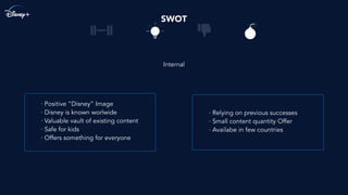 · Positive “Disney” Image
· Disney is known worlwide
· Valuable vault of existing content
· Safe for kids
· Offers something for everyone
· Relying on previous successes
· Small content quantity Offer
· Availabe in few countries
SWOT
Internal
 