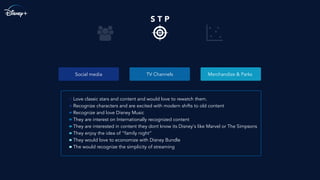 S T P
TV Channels
· Love classic stars and content and would love to rewatch them.
· Recognize characters and are excited with modern shifts to old content
· Recognize and love Disney Music
· They are interest on Internationally recognized content
· They are interested in content they dont know its Disney's like Marvel or The Simpsons
· They enjoy the idea of “family night”
· They would love to economize with Disney Bundle
· The would recognize the simplicity of streaming
Social media Merchandize & Parks
 