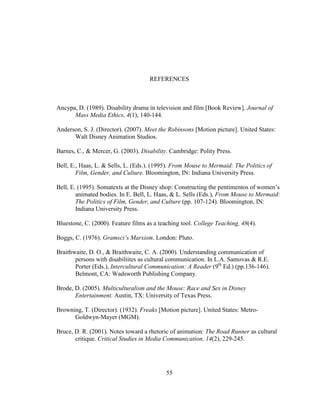 55
REFERENCES
Ancypa, D. (1989). Disability drama in television and film [Book Review]. Journal of
Mass Media Ethics, 4(1), 140-144.
Anderson, S. J. (Director). (2007). Meet the Robinsons [Motion picture]. United States:
Walt Disney Animation Studios.
Barnes, C., & Mercer, G. (2003). Disability. Cambridge: Polity Press.
Bell, E., Haas, L. & Sells, L. (Eds.). (1995). From Mouse to Mermaid: The Politics of
Film, Gender, and Culture. Bloomington, IN: Indiana University Press.
Bell, E. (1995). Somatexts at the Disney shop: Constructing the pentimentos of women’s
animated bodies. In E. Bell, L. Haas, & L. Sells (Eds.), From Mouse to Mermaid:
The Politics of Film, Gender, and Culture (pp. 107-124). Bloomington, IN:
Indiana University Press.
Bluestone, C. (2000). Feature films as a teaching tool. College Teaching, 48(4).
Boggs, C. (1976). Gramsci’s Marxism. London: Pluto.
Braithwaite, D. O., & Braithwaite, C. A. (2000). Understanding communication of
persons with disabiliites as cultural communication. In L.A. Samovas & R.E.
Porter (Eds.), Intercultural Communication: A Reader (9th
Ed.) (pp.136-146).
Belmont, CA: Wadsworth Publishing Company.
Brode, D. (2005). Multiculturalism and the Mouse: Race and Sex in Disney
Entertainment. Austin, TX: University of Texas Press.
Browning, T. (Director). (1932). Freaks [Motion picture]. United States: Metro-
Goldwyn-Mayer (MGM).
Bruce, D. R. (2001). Notes toward a rhetoric of animation: The Road Runner as cultural
critique. Critical Studies in Media Communication, 14(2), 229-245.
 