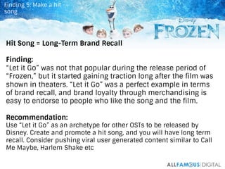 42	
  
Hit Song = Long-Term Brand Recall
Finding:
“Let it Go” was not that popular during the release period of
“Frozen,” ...