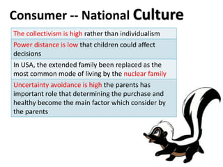Consumer -- National Culture
The collectivism is high rather than individualism
Power distance is low that children could affect
decisions
In USA, the extended family been replaced as the
most common mode of living by the nuclear family
Uncertainty avoidance is high the parents has
important role that determining the purchase and
healthy become the main factor which consider by
the parents
 