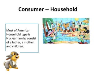 Consumer -- Household
Most of American
Household type is
Nuclear family, consist
of a father, a mother
and children.
 