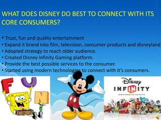 WHAT DOES DISNEY DO BEST TO CONNECT WITH ITS
CORE CONSUMERS?
• Trust, fun and quality entertainment
• Expand it brand into film, television, consumer products and disneyland
• Adopted strategy to reach older audience.
• Created Disney Infinity Gaming platform.
• Provide the best possible services to the consumer.
• Started using modern technologies to connect with it’s consumers.
 