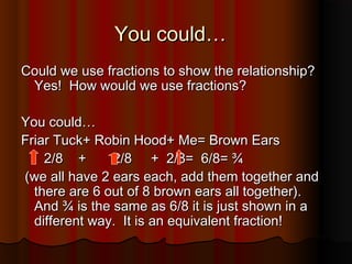 You could…You could…
Could we use fractions to show the relationship?Could we use fractions to show the relationship?
Yes! How would we use fractions?Yes! How would we use fractions?
You could…You could…
Friar Tuck+ Robin Hood+ Me= Brown EarsFriar Tuck+ Robin Hood+ Me= Brown Ears
2/8 + 2/8 + 2/8= 6/8= ¾2/8 + 2/8 + 2/8= 6/8= ¾
(we all have 2 ears each, add them together and(we all have 2 ears each, add them together and
there are 6 out of 8 brown ears all together).there are 6 out of 8 brown ears all together).
And ¾ is the same as 6/8 it is just shown in aAnd ¾ is the same as 6/8 it is just shown in a
different way. It is an equivalent fraction!different way. It is an equivalent fraction!
 