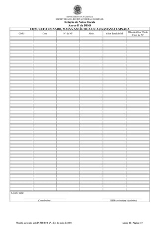 MINISTÉRIO DA FAZENDA
SECRETARIA DA RECEITA FEDERAL DO BRASIL
Relação de Notas Fiscais
Anexo II da DISO
CONCRETO USINADO, MASSA ASFÁLTICA OU ARGAMASSA USINADA
CNPJ Data N° da NF Série Valor Total da NF
Mão-de-Obra 5% do
Valor da NF
Local e data: _________________________________________
________________________________________ _____________________________________
Contribuinte RFB (assinatura e carimbo)
Modelo aprovado pela IN MF/RFB nº , de 2 de maio de 2007. Anexo XI– Página 4 / 7
 