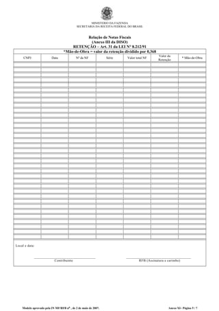 MINISTÉRIO DA FAZENDA
SECRETARIA DA RECEITA FEDERAL DO BRASIL
Relação de Notas Fiscais
(Anexo III da DISO)
RETENÇÃO – Art. 31 da LEI N° 8.212/91
*Mão-de-Obra = valor da retenção dividido por 0,368
CNPJ Data Nº da NF Série Valor total NF
Valor da
Retenção
* Mão-de-Obra
Local e data:
______________________________________ ________________________________________
Contribuinte RFB (Assinatura e carimbo)
Modelo aprovado pela IN MF/RFB nº , de 2 de maio de 2007. Anexo XI– Página 5 / 7
 