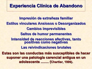Experiencia Clínica de Abandono Impresión de extrañeza familiar Estilos vinculares Ansiosos o Desorganizados Cambios imprevisibles Saltos de humor permanentes Intensidad de reacciones afectivas, tanto positivas como negativas Las reivindicaciones brutales Estas son las conductas más susceptibles de hacer suponer una patología carencial antigua en un adolescente ........ ( Chartier, 1999). 