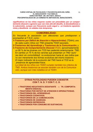 CURSO VIRTUAL DE PSICOLOGÍA Y PSICOPATOLOGÍA DEL NIÑO,
EL ADOLESCENTE Y SU FAMILIA
DIRECTOR PROF. DR. HECTOR S. BASILE
PSICOPATOLOGIA DE LA CONDUCTA ANTISOCIAL ADOLESCENTE.
16
significativos en los niños mayores suelen ser precedidos por un compor-
tamiento disocial o agresivo que van más allá del desafío, la desobediencia o
la subversión, aunque con frecuencia suele seguir a un trastorno oposicio-
nista y desafiante en edades más tempranas.
COMORBILIDAD:
Es frecuente la asociación con afecciones que predisponen o
acompañan al T.N.D. como :
1-Trastorno por Déficit de Atención e Hiperactividad, (TDAH); uno
de cada cuatro niños con TND presenta TDAH asociado,
2-Trastornos del Aprendizaje y Trastornos de la Comunicación, y
3-Trastorno de Comportamiento Disocial (TCD); aproximadamente
un 80 % de los jóvenes con TCD han padecido anteriormente TND.
En cambio un 75 % de los varones que presentan un TND “puro”
(es decir sin comorbilidad) no evolucionan hacia el, eso indica que
no son meramente dos formas evolutivas del mismo trastorno.
El mejor indicador de la evolución del TND hacia el TCD es la
presencia de agresividad física.
La mitad de los niños con TDAH cumplen también los criterios de
TND. Ambos trastornos se asocian también con de la Comunica-
ción, aunque son más notables en el TDAH.
OTRAS PATOLOGIAS PUEDEN COEXISTIR
CON T. N. D. Y CON T. C. D.
• TRASTORNO NEGATIVISTA DESAFIANTE → TR. COMPORTA-
MIENTO DISOCIAL.
• TRASTORNO POR DEFICIT DE ATENCION E HIPERACTIVIDAD.
• TRASTORNOS DEL APRENDIZAJE.
• TRASTORNOS COGNITIVOS.
• TRASTORNOS DE LA COMUNICACIÓN.
• TRASTORNOS DE ANSIEDAD.
• TRASTORNOS DEPRESIVOS.
• TRASTORNOS POR CONSUMO DE SUSTANCIAS.
 
