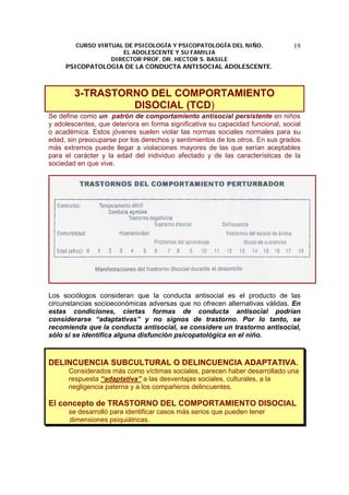 CURSO VIRTUAL DE PSICOLOGÍA Y PSICOPATOLOGÍA DEL NIÑO,
EL ADOLESCENTE Y SU FAMILIA
DIRECTOR PROF. DR. HECTOR S. BASILE
PSICOPATOLOGIA DE LA CONDUCTA ANTISOCIAL ADOLESCENTE.
19
3-TRASTORNO DEL COMPORTAMIENTO
DISOCIAL (TCD)
Se define como un patrón de comportamiento antisocial persistente en niños
y adolescentes, que deteriora en forma significativa su capacidad funcional, social
o académica. Estos jóvenes suelen violar las normas sociales normales para su
edad, sin preocuparse por los derechos y sentimientos de los otros. En sus grados
más extremos puede llegar a violaciones mayores de las que serían aceptables
para el carácter y la edad del individuo afectado y de las características de la
sociedad en que vive.
Los sociólogos consideran que la conducta antisocial es el producto de las
circunstancias socioeconómicas adversas que no ofrecen alternativas válidas. En
estas condiciones, ciertas formas de conducta antisocial podrían
considerarse “adaptativas” y no signos de trastorno. Por lo tanto, se
recomienda que la conducta antisocial, se considere un trastorno antisocial,
sólo si se identifica alguna disfunción psicopatológica en el niño.
DELINCUENCIA SUBCULTURAL O DELINCUENCIA ADAPTATIVA.
Considerados más como víctimas sociales, parecen haber desarrollado una
respuesta “adaptativa” a las desventajas sociales, culturales, a la
negligencia paterna y a los compañeros delincuentes.
El concepto de TRASTORNO DEL COMPORTAMIENTO DISOCIAL
se desarrolló para identificar casos más serios que pueden tener
dimensiones psiquiátricas.
 