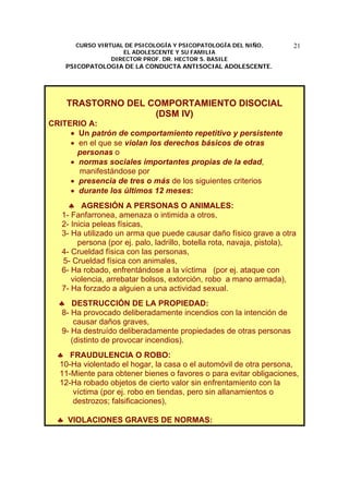CURSO VIRTUAL DE PSICOLOGÍA Y PSICOPATOLOGÍA DEL NIÑO,
EL ADOLESCENTE Y SU FAMILIA
DIRECTOR PROF. DR. HECTOR S. BASILE
PSICOPATOLOGIA DE LA CONDUCTA ANTISOCIAL ADOLESCENTE.
21
TRASTORNO DEL COMPORTAMIENTO DISOCIAL
(DSM IV)
CRITERIO A:
• Un patrón de comportamiento repetitivo y persistente
• en el que se violan los derechos básicos de otras
personas o
• normas sociales importantes propias de la edad,
manifestándose por
• presencia de tres o más de los siguientes criterios
• durante los últimos 12 meses:
♣ AGRESIÓN A PERSONAS O ANIMALES:
1- Fanfarronea, amenaza o intimida a otros,
2- Inicia peleas físicas,
3- Ha utilizado un arma que puede causar daño físico grave a otra
persona (por ej. palo, ladrillo, botella rota, navaja, pistola),
4- Crueldad física con las personas,
5- Crueldad física con animales,
6- Ha robado, enfrentándose a la víctima (por ej. ataque con
violencia, arrebatar bolsos, extorción, robo a mano armada),
7- Ha forzado a alguien a una actividad sexual.
♣ DESTRUCCIÓN DE LA PROPIEDAD:
8- Ha provocado deliberadamente incendios con la intención de
causar daños graves,
9- Ha destruído deliberadamente propiedades de otras personas
(distinto de provocar incendios).
♣ FRAUDULENCIA O ROBO:
10-Ha violentado el hogar, la casa o el automóvil de otra persona,
11-Miente para obtener bienes o favores o para evitar obligaciones,
12-Ha robado objetos de cierto valor sin enfrentamiento con la
víctima (por ej. robo en tiendas, pero sin allanamientos o
destrozos; falsificaciones),
♣ VIOLACIONES GRAVES DE NORMAS:
 