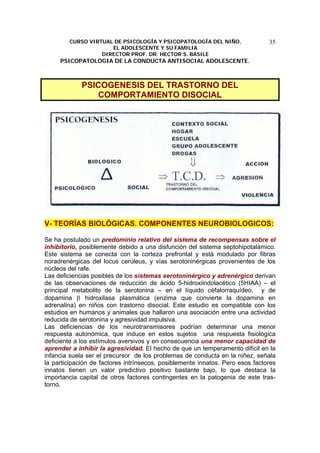 CURSO VIRTUAL DE PSICOLOGÍA Y PSICOPATOLOGÍA DEL NIÑO,
EL ADOLESCENTE Y SU FAMILIA
DIRECTOR PROF. DR. HECTOR S. BASILE
PSICOPATOLOGIA DE LA CONDUCTA ANTISOCIAL ADOLESCENTE.
35
PSICOGENESIS DEL TRASTORNO DEL
COMPORTAMIENTO DISOCIAL
V- TEORÍAS BIOLÓGICAS. COMPONENTES NEUROBIOLOGICOS:
Se ha postulado un predominio relativo del sistema de recompensas sobre el
inhibitorio, posiblemente debido a una disfunción del sistema septohipotalámico.
Este sistema se conecta con la corteza prefrontal y está modulado por fibras
noradrenérgicas del locus cerúleus, y vías serotoninérgicas provenientes de los
núcleos del rafe.
Las deficiencias posibles de los sistemas serotoninérgico y adrenérgico derivan
de las observaciones de reducción de ácido 5-hidroxiindolacético (5HIAA) – el
principal metabolito de la serotonina – en el líquido céfalorraquídeo, y de
dopamina β hidroxilasa plasmática (enzima que convierte la dopamina en
adrenalina) en niños con trastorno disocial. Este estudio es compatible con los
estudios en humanos y animales que hallaron una asociación entre una actividad
reducida de serotonina y agresividad impulsiva.
Las deficiencias de los neurotransmisores podrían determinar una menor
respuesta autonómica, que induce en estos sujetos una respuesta fisiológica
deficiente a los estímulos aversivos y en consecuencia una menor capacidad de
aprender a inhibir la agresividad. El hecho de que un temperamento difícil en la
infancia suela ser el precursor de los problemas de conducta en la niñez, señala
la participación de factores intrínsecos, posiblemente innatos. Pero esos factores
innatos tienen un valor predictivo positivo bastante bajo, lo que destaca la
importancia capital de otros factores contingentes en la patogenia de este tras-
torno.
 