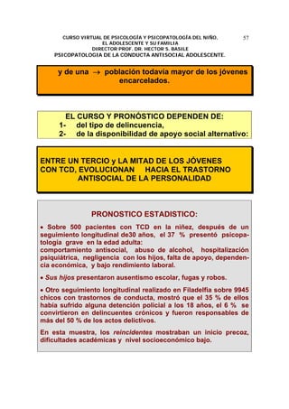 CURSO VIRTUAL DE PSICOLOGÍA Y PSICOPATOLOGÍA DEL NIÑO,
EL ADOLESCENTE Y SU FAMILIA
DIRECTOR PROF. DR. HECTOR S. BASILE
PSICOPATOLOGIA DE LA CONDUCTA ANTISOCIAL ADOLESCENTE.
57
y de una → población todavía mayor de los jóvenes
encarcelados.
EL CURSO Y PRONÓSTICO DEPENDEN DE:
1- del tipo de delincuencia,
2- de la disponibilidad de apoyo social alternativo:
ENTRE UN TERCIO y LA MITAD DE LOS JÓVENES
CON TCD, EVOLUCIONAN HACIA EL TRASTORNO
ANTISOCIAL DE LA PERSONALIDAD
PRONOSTICO ESTADISTICO:
• Sobre 500 pacientes con TCD en la niñez, después de un
seguimiento longitudinal de30 años, el 37 % presentó psicopa-
tología grave en la edad adulta:
comportamiento antisocial, abuso de alcohol, hospitalización
psiquiátrica, negligencia con los hijos, falta de apoyo, dependen-
cia económica, y bajo rendimiento laboral.
• Sus hijos presentaron ausentismo escolar, fugas y robos.
• Otro seguimiento longitudinal realizado en Filadelfia sobre 9945
chicos con trastornos de conducta, mostró que el 35 % de ellos
había sufrido alguna detención policial a los 18 años, el 6 % se
convirtieron en delincuentes crónicos y fueron responsables de
más del 50 % de los actos delictivos.
En esta muestra, los reincidentes mostraban un inicio precoz,
dificultades académicas y nivel socioeconómico bajo.
 