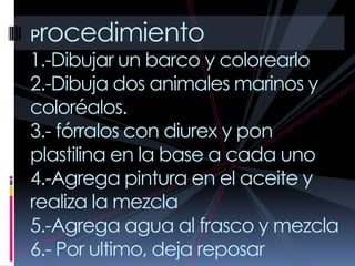 Procedimiento1.-Dibujar un barco y colorearlo2.-Dibuja dos animales marinos y coloréalos.3.- fórralos con diurex y pon plastilina en la base a cada uno4.-Agrega pintura en el aceite y realiza la mezcla5.-Agrega agua al frasco y mezcla6.- Por ultimo, deja reposar