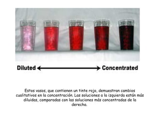 Estos vasos, que contienen un tinte rojo, demuestran cambios
cualitativos en la concentración. Las soluciones a la izquierda están más
diluidas, comparadas con las soluciones más concentradas de la
derecha.
 