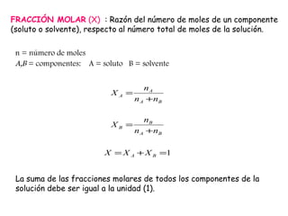 FRACCIÓN MOLAR (X) : Razón del número de moles de un componente
(soluto o solvente), respecto al número total de moles de la solución.
BA
A
A
nn
n
X
+
=
n = número de moles
A,B = componentes: A = soluto B = solvente
BA
B
B
nn
n
X
+
=
1=+= BA XXX
La suma de las fracciones molares de todos los componentes de la
solución debe ser igual a la unidad (1).
 