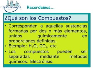 Recordemos….
¿Qué son los Compuestos?
• Corresponden a aquellas sustancias
formadas por dos o más elementos,
unidos químicamente en
proporciones definidas.
• Ejemplo: H2O, CO2, etc.
• Los compuestos pueden ser
separadas mediante métodos
químicos: Electrólisis.
 