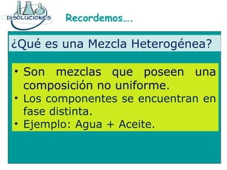 Recordemos….
¿Qué es una Mezcla Heterogénea?
• Son mezclas que poseen una
composición no uniforme.
• Los componentes se encuentran en
fase distinta.
• Ejemplo: Agua + Aceite.
 