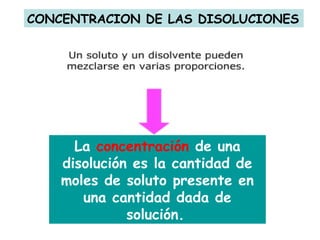 CONCENTRACION DE LAS DISOLUCIONES




      La concentración de una
    disolución es la cantidad de
    moles de soluto presente en
       una cantidad dada de
              solución.
 