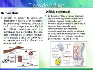 Tipos de diálisis
Hemodiálisis
consiste en extraer la sangre del
organismo y pasarla a un dializador
de doble compartimiento, uno por el
cual pasa la sangre y otro el líquido
de diálisis, separados por una
membrana semipermeable. Método
para eliminar de la sangre residuos
como potasio y urea, así como agua
en exceso cuando los riñones son
incapaces de esto
Diálisis peritoneal
La diálisis peritoneal es un método de
depuración sanguínea extrarrenal de
solutos y toxinas. Está basada en el
hecho fisiológico de que el peritoneo es
una membrana vascularizada
semipermeable, que mediante
mecanismos de transporte osmótico y
difusivo, permite pasar agua y distintos
solutos desde los capilares sanguíneos
peritoneales al líquido dializado
 