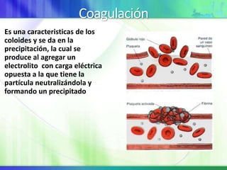 Coagulación
Es una caracteristicas de los
coloides y se da en la
precipitación, la cual se
produce al agregar un
electrolito con carga eléctrica
opuesta a la que tiene la
partícula neutralizándola y
formando un precipitado
 