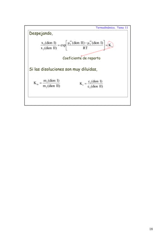 18
Termodinámica. Tema 11
Despejando,
Si las disoluciones son muy diluidas,
x
*
*
2
*
*
2
2
2
K
RT
I)
(dion
μ
II)
(dion
μ
exp
II)
(dion
x
I)
(dion
x
Coeficiente de reparto
II)
(dion
m
I)
(dion
m
K
2
2
m
II)
(dion
c
I)
(dion
c
K
2
2
c
 