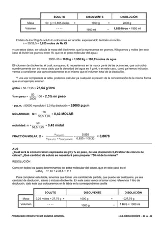 PROBLEMAS RESUELTOS DE QUÍMICA GENERAL LAS DISOLUCIONES - 20 de 44
SOLUTO DISOLVENTE DISOLUCIÓN
Masa 50 g = 0,855 moles + 1950 g = 2000 g
Volumen - - - - 1950 ml - 1,950 litros = 1950 ml
El dato de los 50 g de soluto lo colocamos en la tabla, expresándolo también en moles:
n = 50/58,5 = 0,855 moles de Na Cl
y con estos datos, se calcula la masa del disolvente, que la expresamos en gramos, Kilogramos y moles (en este
caso al dividir los gramos entre 18, que es el peso molecular del agua)
2000 -50 = 1950 g = 1,950 Kg = 108,33 moles de agua
El volumen de disolvente, el cual, aunque no lo necesitemos en la mayor parte de las ocasiones, que coincidirá
numéricamente con su masa dado que la densidad del agua es 1 g/ml, y en este caso, como ya hemos indicado,
vamos a considerar que aproximadamente es el mismo que el volumen total de la disolución.
Y una vez completada la tabla, podemos calcular ya cualquier expresión de la concentración de la misma forma
que en el ejemplo anterior.
g/litro = 50 / 1,95 = 25,64 g/litro
% en peso = = 2,5% en peso
50
2000
.100
- p.p.m. : 50000 mg soluto / 2,0 Kg disolución = 25000 p.p.m
MOLARIDAD: M = = 0,43 MOLAR
50
58,5.1,95
molalidad: m = = 0,43 molal
50
58,5.1,95
FRACCIÓN MOLAR: X = = 0,0078
n
n n
0,855
0,855 108,33
SOLUTO
SOLUTO DISOLVENTE+
=
+
A-20
¿Cual será la concentración expresada en g/l y % en peso, de una disolución 0,25 Molar de cloruro de
calcio? ¿Qué cantidad de soluto se necesitará para preparar 750 ml de la misma?
RESOLUCIÓN
Como en todos los casos determinamos del peso molecular del soluto, que en este caso es el
CaCl 2 => 40 + 2.35,5 = 111
Para completar esta tabla, tenemos que tomar una cantidad de partida, que puede ser cualquiera, ya sea
cantidad de disolución, soluto o incluso disolvente. En este caso vamos a tomar como referencia 1 litro de
disolución, dato éste que colocaremos en la tabla en la correspondiente casilla
SOLUTO DISOLVENTE DISOLUCIÓN
Masa 0,25 moles = 27,75 g + 1000 g = 1027,75 g
Volumen - - - - 1000 g - 1 litro = 1000 ml
 