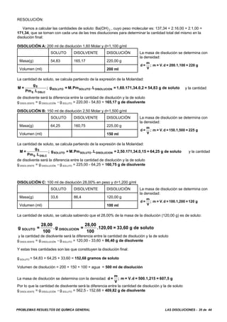PROBLEMAS RESUELTOS DE QUÍMICA GENERAL LAS DISOLUCIONES - 35 de 44
RESOLUCIÓN:
Vamos a calcular las cantidades de soluto: Ba(OH) 2 , cuyo peso molecular es: 137,34 + 2.16,00 + 2.1,00 =
171,34, que se toman con cada una de las tres disoluciones para determinar la cantidad total del mismo en la
disolución final:
DISOLUCIÓN A: 200 ml de disolución 1,60 Molar y d=1,100 g/ml
SOLUTO DISOLVENTE DISOLUCIÓN La masa de disolución se determina con
la densidad:
d =
m
V
; m = V.d = 200.1,100 = 220 g
Masa(g) 54,83 165,17 220,00 g
Volumen (ml) 200 ml
La cantidad de soluto, se calcula partiendo de la expresión de la Molaridad:
y la cantidadM =
g
Pm L
; g = M.Pm .L = 1,60.171,34.0,2 = 54,83 g de solutoS
S DSLC
SOLUTO SOLUTO DISOLUCION
.
de disolvente será la diferencia entre la cantidad de disolución y la de soluto
g DISOLVENTE = g DISOLUCIÓN - g SOLUTO = 220,00 - 54,83 = 165,17 g de disolvente
DISOLUCIÓN B: 150 ml de disolución 2,50 Molar y d=1,500 g/ml
SOLUTO DISOLVENTE DISOLUCIÓN La masa de disolución se determina con
la densidad:
d =
m
V
; m = V.d = 150.1,500 = 225 g
Masa(g) 64,25 160,75 225,00 g
Volumen (ml) 150 ml
La cantidad de soluto, se calcula partiendo de la expresión de la Molaridad:
y la cantidadM =
g
Pm L
; g = M.Pm .L = 2,50.171,34.0,15 = 64,25 g de solutoS
S DSLC
SOLUTO SOLUTO DISOLUCION
.
de disolvente será la diferencia entre la cantidad de disolución y la de soluto
g DISOLVENTE = g DISOLUCIÓN - g SOLUTO = 225,00 - 64,25 = 160,75 g de disolvente
DISOLUCIÓN C: 100 ml de disolución 28,00% en peso y d=1,200 g/ml
SOLUTO DISOLVENTE DISOLUCIÓN La masa de disolución se determina con
la densidad:
d =
m
V
; m = V.d = 100.1,200 = 120 g
Masa(g) 33,6 86,4 120,00 g
Volumen (ml) 100 ml
La cantidad de soluto, se calcula sabiendo que el 28,00% de la masa de la disolución (120,00 g) es de soluto:
g =
28,00
100
.g =
28,00
100
.120,00 = 33,60 g de solutoSOLUTO DISOLUCION
y la cantidad de disolvente será la diferencia entre la cantidad de disolución y la de soluto
g DISOLVENTE = g DISOLUCIÓN - g SOLUTO = 120,00 - 33,60 = 86,40 g de disolvente
Y estas tres cantidades son las que constituyen la disolución final:
g SOLUTO = 54,83 + 64,25 + 33,60 = 152,68 gramos de soluto
Volumen de disolución = 200 + 150 + 100 + agua = 500 ml de disolución
La masa de disolución se determina con la densidad: d =
m
V
; m = V.d = 500.1,215 = 607,5 g
Por lo que la cantidad de disolvente será la diferencia entre la cantidad de disolución y la de soluto
g DISOLVENTE = g DISOLUCIÓN - g SOLUTO = 562,5 - 152,68 = 409,82 g de disolvente
 