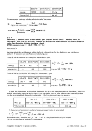 PROBLEMAS RESUELTOS DE QUÍMICA GENERAL LAS DISOLUCIONES - 36 de 44
SOLUTO DISOLVENTE DISOLUCIÓN
Masa(g) 152,68 454,82 607,5 g
Volumen (ml) 500 ml
Con estos datos, podemos calcular ya la Molaridad y % en peso:
M =
g
Pm L
=
152,68
171,34.0,500
= 1,78 MolarSOLUTO
SOLUTO DISOLUCION.
% en peso =
g
g
.100 =
152,68
607,5
.100 = 25,13%SOLUTO
DISOLUCION
C-03 (*)
Se mezclan 1L de ácido nítrico de densidad 1,5 g/mL y riqueza del 60% con 0,7 L de ácido nítrico de
densidad 1,2 g/ml- y de 30% de riqueza. Calcular: a) La riqueza del ácido resultante y b) Su concentración
molar. Dato: Densidad del ácido resultante 1,3g/mL
DATOS: esos atómicos: H = 1,0 ; N = 14,0 ; O = 16,0
RESOLUCIÓN
Vamos a calcular las cantidades de soluto, disolvente y disolución en las dos disolciones que mezclamos:,
partiendo de los datos que nos ofrecen: densidad y riqueza:
DISOLUCIÓN A) 1 litro del 60% de riqueza ydensidad 1,5 g/ml:
SOLUTO DISOLVENTE DISOLUCIÓN
; m = 1500 gd=
m
V
1,5 =
m
1000
;
g SOLUTO = = 900 g
60
100 .1500
Masa (g) 900 + 600 = 1500
Volumen(mL) ---- 600 1000
DISOLUCIÓN B) 0,7 litros del 30% de riqueza ydensidad 1,2 g/ml:
SOLUTO DISOLVENTE DISOLUCIÓN
; m = 840 gd=
m
V
1,2 =
m
700
;
g SOLUTO = = 252 g
30
100 .840
Masa (g) 252 + 588 = 840
Volumen(mL) ---- 588 700
Y estas dos disoluciones, al mezclarlas, obtenemos otra en la cual las masas de soluto, disolvente y disolución
serán la suma de las masas de las dos disoluciones mezcladas, pero no así el volumen, pero para calcular éste
nos dan la densidad de la disolución resultante ( d = 1,3 g/mL), de manera que nos quedará:
SOLUTO DISOLVENTE DISOLUCIÓN
Masa (g) 900 + 252 = 1152 g 600 + 588 = 1188 g 1500 + 840 = 2340 g
Volumen(mL) 1188 mL 1800 mL
Y el volumen de la disolución resultante lo calculamos por medio de la densidad:
; V FINAL = 1800 mLd=
m
V
1,3 =
2340
V
; V =
2340
1,3
;
Y con estos datos y el Pm del HNO 3 = 1.1 + 1.14 + 3.16 = 63, podemos calcular ya la riqueza
(%) y la concentración de esta disolución resultante:
 