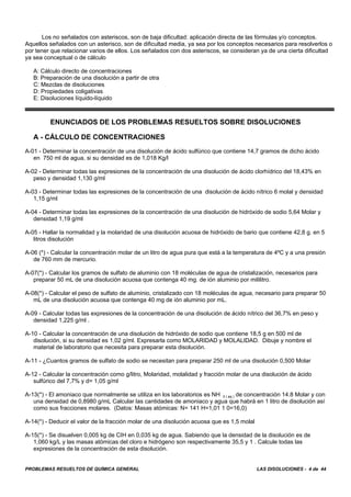 PROBLEMAS RESUELTOS DE QUÍMICA GENERAL LAS DISOLUCIONES - 4 de 44
Los no señalados con asteriscos, son de baja dificultad: aplicación directa de las fórmulas y/o conceptos.
Aquellos señalados con un asterisco, son de dificultad media, ya sea por los conceptos necesarios para resolverlos o
por tener que relacionar varios de ellos. Los señalados con dos asteriscos, se consideran ya de una cierta dificultad
ya sea conceptual o de cálculo
A: Cálculo directo de concentraciones
B: Preparación de una disolución a partir de otra
C: Mezclas de disoluciones
D: Propiedades coligativas
E: Disoluciones líquido-líquido
ENUNCIADOS DE LOS PROBLEMAS RESUELTOS SOBRE DISOLUCIONES
A - CÁLCULO DE CONCENTRACIONES
A-01 - Determinar la concentración de una disolución de ácido sulfúrico que contiene 14,7 gramos de dicho ácido
en 750 ml de agua, si su densidad es de 1,018 Kg/l
A-02 - Determinar todas las expresiones de la concentración de una disolución de ácido clorhídrico del 18,43% en
peso y densidad 1,130 g/ml
A-03 - Determinar todas las expresiones de la concentración de una disolución de ácido nítrico 6 molal y densidad
1,15 g/ml
A-04 - Determinar todas las expresiones de la concentración de una disolución de hidróxido de sodio 5,64 Molar y
densidad 1,19 g/ml
A-05 - Hallar la normalidad y la molaridad de una disolución acuosa de hidróxido de bario que contiene 42,8 g. en 5
litros disolución
A-06 (*) - Calcular la concentración molar de un litro de agua pura que está a la temperatura de 4ºC y a una presión
de 760 mm de mercurio.
A-07(*) - Calcular los gramos de sulfato de aluminio con 18 moléculas de agua de cristalización, necesarios para
preparar 50 mL de una disolución acuosa que contenga 40 mg. de ión aluminio por mililitro.
A-08(*) - Calcular el peso de sulfato de aluminio, cristalizado con 18 moléculas de agua, necesario para preparar 50
mL de una disolución acuosa que contenga 40 mg de ión aluminio por mL.
A-09 - Calcular todas las expresiones de la concentración de una disolución de ácido nítrico del 36,7% en peso y
densidad 1,225 g/ml .
A-10 - Calcular la concentración de una disolución de hidróxido de sodio que contiene 18,5 g en 500 ml de
disolución, si su densidad es 1,02 g/ml. Expresarla como MOLARIDAD y MOLALIDAD. Dibuje y nombre el
material de laboratorio que necesita para preparar esta disolución.
A-11 - ¿Cuantos gramos de sulfato de sodio se necesitan para preparar 250 ml de una disolución 0,500 Molar
A-12 - Calcular la concentración como g/litro, Molaridad, molalidad y fracción molar de una disolución de ácido
sulfúrico del 7,7% y d= 1,05 g/ml
A-13(*) - El amoniaco que normalmente se utiliza en los laboratorios es NH 3 ( aq ) de concentración 14.8 Molar y con
una densidad de 0,8980 g/mL Calcular las cantidades de amoniaco y agua que habrá en 1 litro de disolución así
como sus fracciones molares. (Datos: Masas atómicas: N= 141 H=1,01 1 0=16,0)
A-14(*) - Deducir el valor de la fracción molar de una disolución acuosa que es 1,5 molal
A-15(*) - Se disuelven 0,005 kg de CIH en 0,035 kg de agua. Sabiendo que la densidad de la disolución es de
1,060 kg/L y las masas atómicas del cloro e hidrógeno son respectivamente 35,5 y 1 . Calcule todas las
expresiones de la concentración de esta disolución.
 