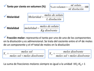Tanto por ciento en volumen (%)         % en volumen
                                                           ml soluto
                                                                       100
                                                         ml disolución

Molaridad           Molaridad
                                   moles de soluto
                                    L disolución


Molalidad        molalidad
                                moles de soluto
                                Kg disolvente

Fracción molar: representa el tanto por uno de uno de los componentes
en la disolución y es adimensional. Se trata del cociente entre el nº de moles
de un componente y el nº total de moles en la disolución

              moles sol                             moles disolvente
Xs                                      Xd
     moles sol moles disolvente               moles sol moles disolvente

La suma de fracciones molares siempre es igual a la unidad →Xs+Xd = 1
 