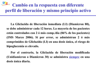 La Gliclazida de liberación inmediata (LI) (Diamicron 80), se debe administrar cada 12 horas. La mayoría de los pacientes están controlados con 2 ó más comp./día (86% de los pacientes) (IMS Marzo 2006). Si por error, se administran 2 ó más comprimidos de Gliclazida (LI) en una dosis única, el riesgo de hipoglucemia es elevado. Por el contrario, la Gliclazida de liberación modificada (Unidiamicron o Diamicron 30) se administra  siempre   en una dosis única diaria. Cambio en la respuesta con diferente perfil de liberación y mismo principio activo 