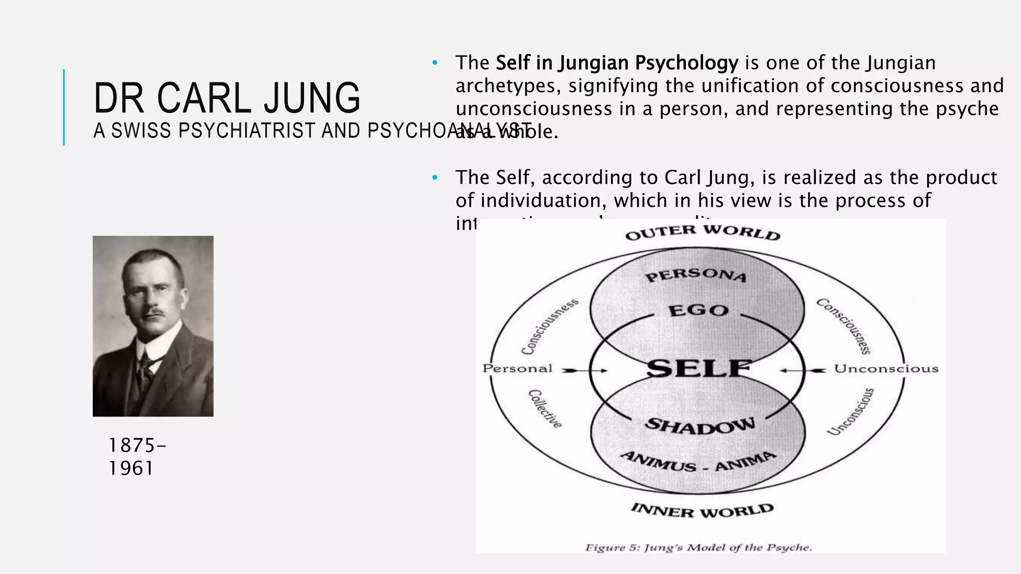 DR CARL JUNG
A SWISS PSYCHIATRIST AND PSYCHOANALYST
1875-
1961
• The Self in Jungian Psychology is one of the Jungian
archetypes, signifying the unification of consciousness and
unconsciousness in a person, and representing the psyche
as a whole.
• The Self, according to Carl Jung, is realized as the product
of individuation, which in his view is the process of
integrating one’s personality.
 