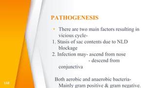 PATHOGENESIS
▸ There are two main factors resulting in
vicious cycle-
1. Stasis of sac contents due to NLD
blockage
2. Infection may- ascend from nose
- descend from
conjunctiva
Both aerobic and anaerobic bacteria-
Mainly gram positive & gram negative.
118
 