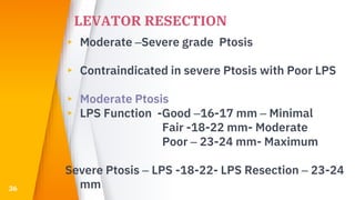 LEVATOR RESECTION
▸ Moderate –Severe grade Ptosis
▸ Contraindicated in severe Ptosis with Poor LPS
▸ Moderate Ptosis
▸ LPS Function -Good –16-17 mm – Minimal
Fair -18-22 mm- Moderate
Poor – 23-24 mm- Maximum
Severe Ptosis – LPS -18-22- LPS Resection – 23-24
mm36
 