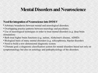 Mental Disorders and Neuroscience

Need for integration of Neuroscience into DSM-V

  Arbitrary boundaries between mental...
