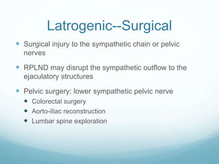 Latrogenic--Surgical
 Surgical injury to the sympathetic chain or pelvic
nerves
 RPLND may disrupt the sympathetic outflow to the
ejaculatory structures
 Pelvic surgery: lower sympathetic pelvic nerve
 Colorectal surgery
 Aorto-iliac reconstruction
 Lumbar spine exploration
 